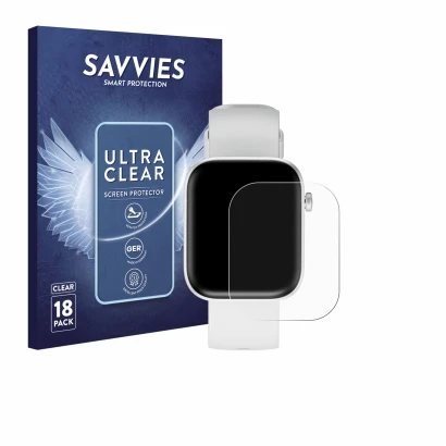 Parte frontal de un envase de producto con el logotipo de la marca Savvies. Al lado se muestra el dispositivo HMD Watch P1 con