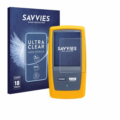 Parte frontal de un envase de producto con el logotipo de la marca Savvies. Al lado se muestra el dispositivo Fluke DSX8000 co