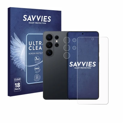 Parte frontal de un envase de producto con el logotipo de la marca Savvies. Al lado se muestra el dispositivo Samsung Galaxy S