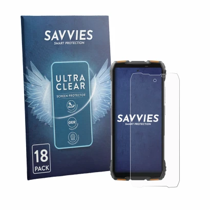 Parte frontal de un envase de producto con el logotipo de la marca Savvies. Al lado se muestra el dispositivo Blackview Oscal 