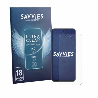 Parte frontal de un envase de producto con el logotipo de la marca Savvies. Al lado se muestra el dispositivo Realme C73 con s