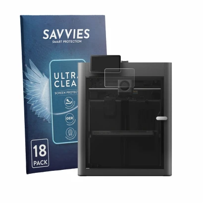 Parte frontal de un envase de producto con el logotipo de la marca Savvies. Al lado se muestra el dispositivo Bambu Lab X2D co