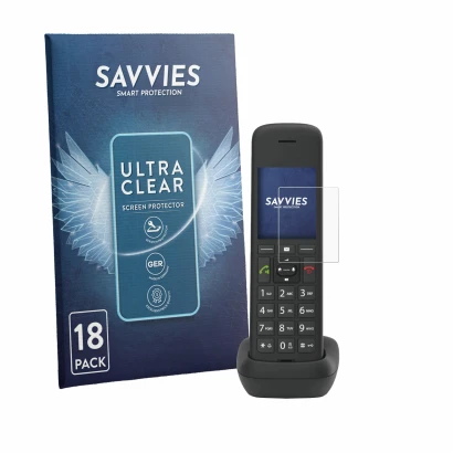 Parte frontal de un envase de producto con el logotipo de la marca Savvies. Al lado se muestra el dispositivo Gigaset C575A co