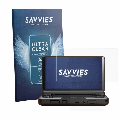 Parte frontal de un envase de producto con el logotipo de la marca Savvies. Al lado se muestra el dispositivo AYN Thor con su 