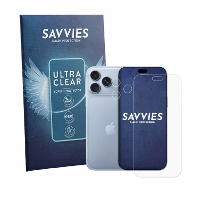 Parte frontal de un envase de producto con el logotipo de la marca Savvies. Al lado se muestra el dispositivo Apple iPhone 18 