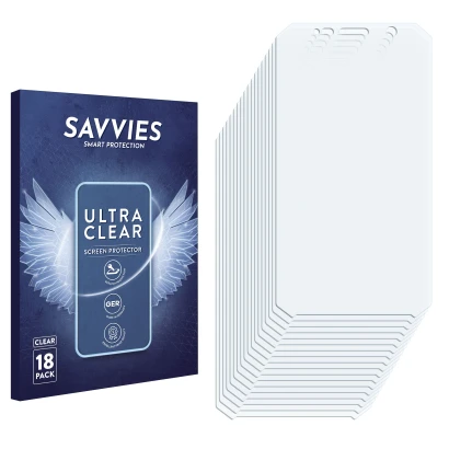 Parte frontal de un envase de producto con el logotipo de la marca Savvies. Al lado está el protector de pantalla correspondie