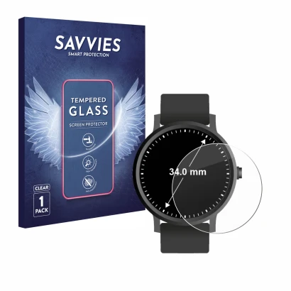 Parte frontal de un envase de producto con el logotipo de la marca Savvies. Al lado se muestra el dispositivo Relojes (Circula