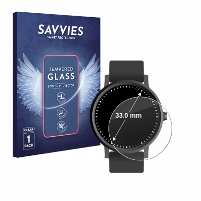 Parte frontal de un envase de producto con el logotipo de la marca Savvies. Al lado se muestra el dispositivo Relojes (Circula