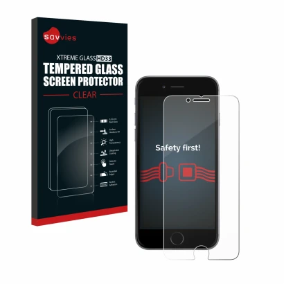 Parte frontal de un envase de producto con el logotipo de la marca Savvies. Al lado se muestra el dispositivo Apple iPhone 6 c