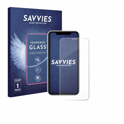 Parte frontal de un envase de producto con el logotipo de la marca Savvies. Al lado se muestra el dispositivo Apple iPhone 11 