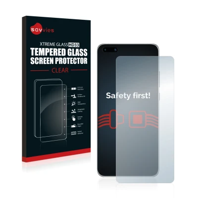 Parte frontal de un envase de producto con el logotipo de la marca Savvies. Al lado se muestra el dispositivo Huawei P40 con s