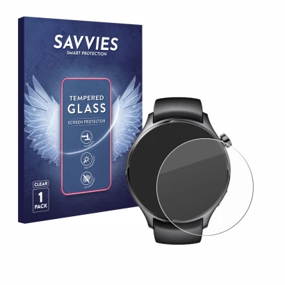 Parte frontal de un envase de producto con el logotipo de la marca Savvies. Al lado se muestra el dispositivo Xiaomi Watch S1 
