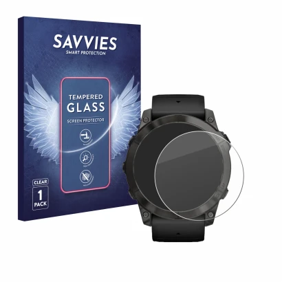 Parte frontal de un envase de producto con el logotipo de la marca Savvies. Al lado se muestra el dispositivo Garmin Epix Pro 