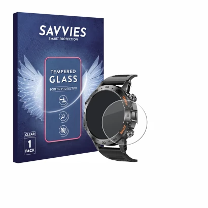 Parte frontal de un envase de producto con el logotipo de la marca Savvies. Al lado se muestra el dispositivo Lemfo Smartwatch