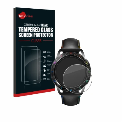 Parte frontal de un envase de producto con el logotipo de la marca Savvies. Al lado se muestra el dispositivo Xiaomi Watch S3 