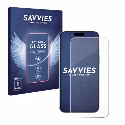 Parte frontal de un envase de producto con el logotipo de la marca Savvies. Al lado se muestra el dispositivo Apple iPhone 16 