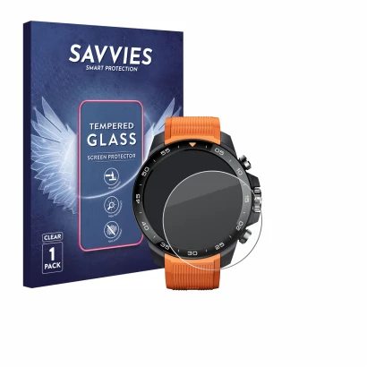 Parte frontal de un envase de producto con el logotipo de la marca Savvies. Al lado se muestra el dispositivo Xiaomi Mibro GS 