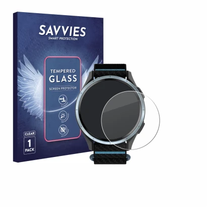Parte frontal de un envase de producto con el logotipo de la marca Savvies. Al lado se muestra el dispositivo Garmin Approach 