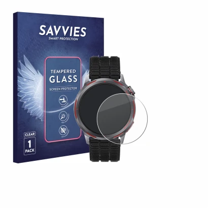 Parte frontal de un envase de producto con el logotipo de la marca Savvies. Al lado se muestra el dispositivo Huawei Watch GT 