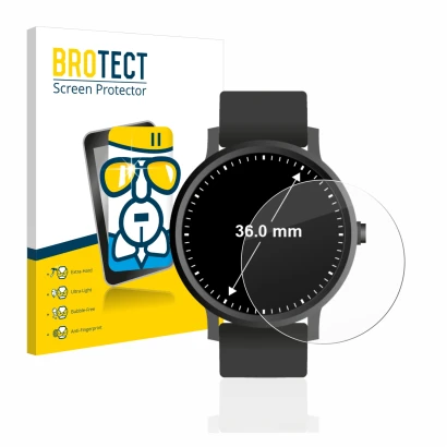 Parte frontal de un envase de producto con el logotipo de la marca BROTECT. Al lado se muestra el dispositivo Relojes (Circula