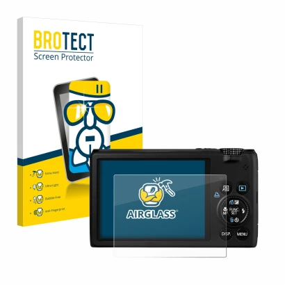 Parte frontal de un envase de producto con el logotipo de la marca BROTECT. Al lado se muestra el dispositivo Canon PowerShot 