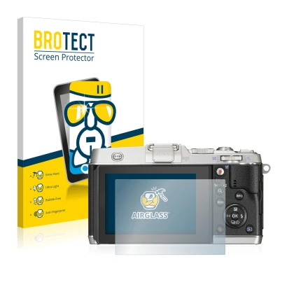 Parte frontal de un envase de producto con el logotipo de la marca BROTECT. Al lado se muestra el dispositivo Olympus PEN E-P5