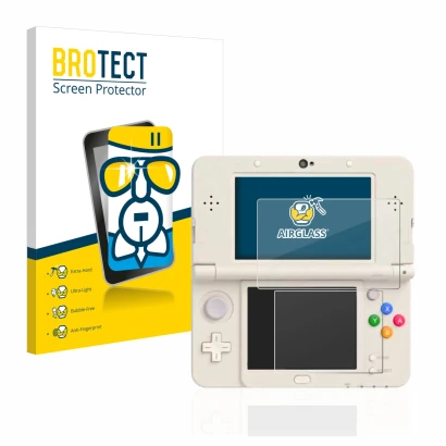 Parte frontal de un envase de producto con el logotipo de la marca BROTECT. Al lado se muestra el dispositivo Nintendo New 3DS