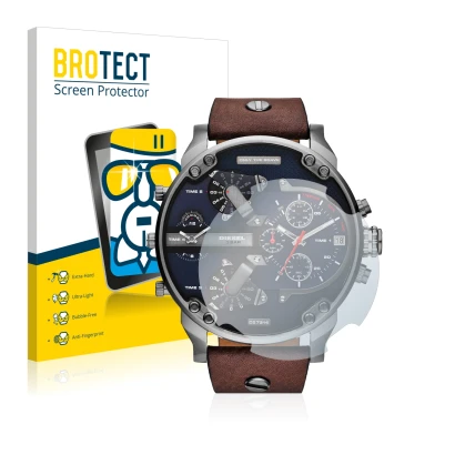 Parte frontal de un envase de producto con el logotipo de la marca BROTECT. Al lado se muestra el dispositivo Diesel DZ7314 Mr