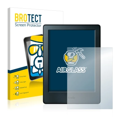 Parte frontal de un envase de producto con el logotipo de la marca BROTECT. Al lado se muestra el dispositivo Amazon Kindle 20