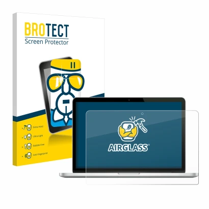 Parte frontal de un envase de producto con el logotipo de la marca BROTECT. Al lado se muestra el dispositivo Apple MacBook Pr