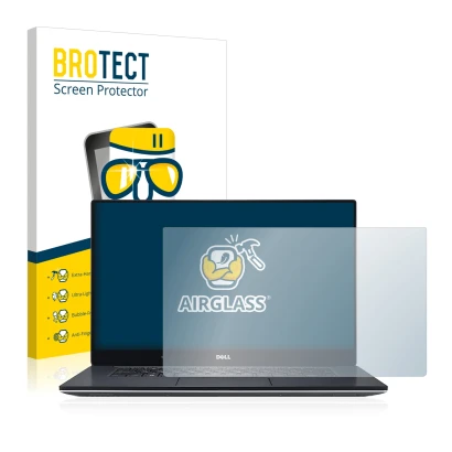 Parte frontal de un envase de producto con el logotipo de la marca BROTECT. Al lado se muestra el dispositivo Dell XPS 15 9560