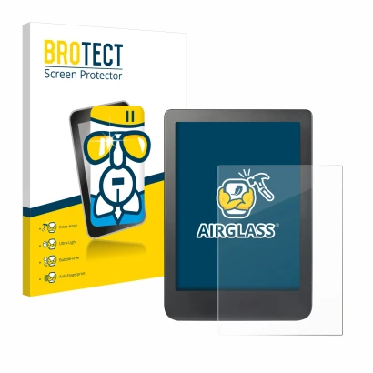 Parte frontal de un envase de producto con el logotipo de la marca BROTECT. Al lado se muestra el dispositivo Kobo Clara HD (6