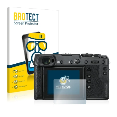 Parte frontal de un envase de producto con el logotipo de la marca BROTECT. Al lado se muestra el dispositivo Fujifilm GFX 50R