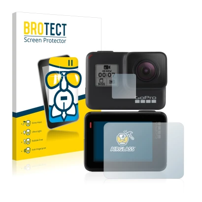 Parte frontal de un envase de producto con el logotipo de la marca BROTECT. Al lado se muestra el dispositivo GoPro Hero 7 Bla