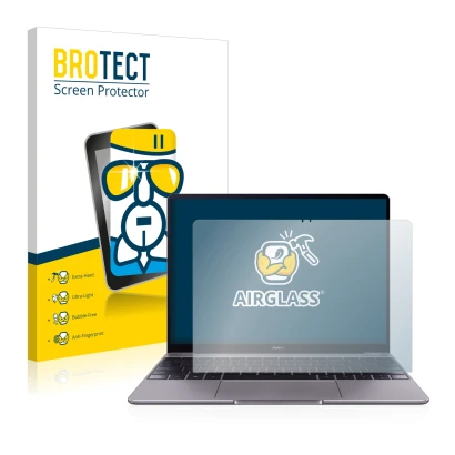 Parte frontal de un envase de producto con el logotipo de la marca BROTECT. Al lado se muestra el dispositivo Huawei MateBook 