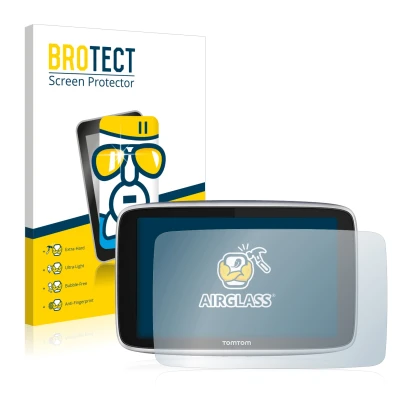 Parte frontal de un envase de producto con el logotipo de la marca BROTECT. Al lado se muestra el dispositivo TomTom GO Premiu