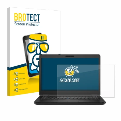 Parte frontal de un envase de producto con el logotipo de la marca BROTECT. Al lado se muestra el dispositivo Dell Latitude 54