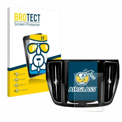 Parte frontal de un envase de producto con el logotipo de la marca BROTECT. Al lado se muestra el dispositivo Volvo V60 Sensus