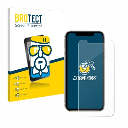 Parte frontal de un envase de producto con el logotipo de la marca BROTECT. Al lado se muestra el dispositivo Apple iPhone 11 