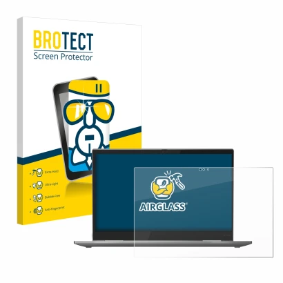 Parte frontal de un envase de producto con el logotipo de la marca BROTECT. Al lado se muestra el dispositivo Lenovo ThinkPad 