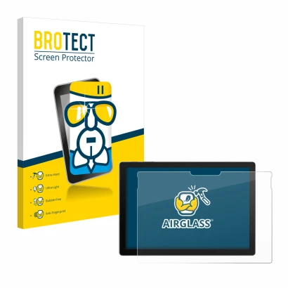 Parte frontal de un envase de producto con el logotipo de la marca BROTECT. Al lado se muestra el dispositivo Microsoft Surfac