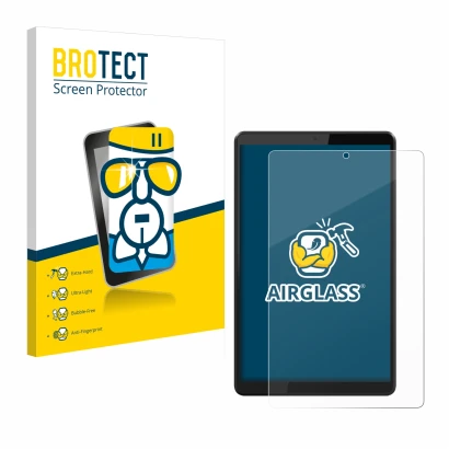 Parte frontal de un envase de producto con el logotipo de la marca BROTECT. Al lado se muestra el dispositivo Lenovo Tab M8 co