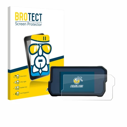 Parte frontal de un envase de producto con el logotipo de la marca BROTECT. Al lado se muestra el dispositivo KTM 790 Adventur