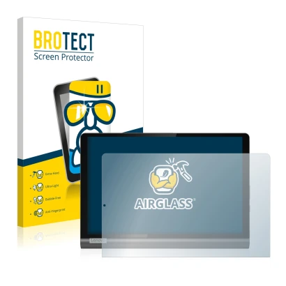 Parte frontal de un envase de producto con el logotipo de la marca BROTECT. Al lado se muestra el dispositivo Lenovo Yoga Smar