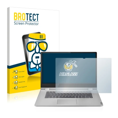 Parte frontal de un envase de producto con el logotipo de la marca BROTECT. Al lado se muestra el dispositivo Lenovo IdeaPad C