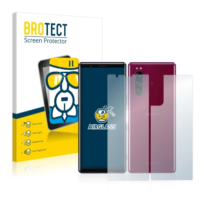 Parte frontal de un envase de producto con el logotipo de la marca BROTECT. Al lado se muestra el dispositivo Sony Xperia 5 (F