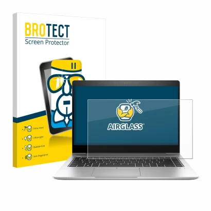 Parte frontal de un envase de producto con el logotipo de la marca BROTECT. Al lado se muestra el dispositivo HP EliteBook 840