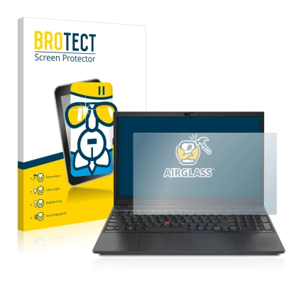 Parte frontal de un envase de producto con el logotipo de la marca BROTECT. Al lado se muestra el dispositivo Lenovo ThinkPad 