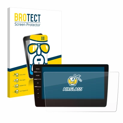 Parte frontal de un envase de producto con el logotipo de la marca BROTECT. Al lado se muestra el dispositivo Volkswagen Arteo