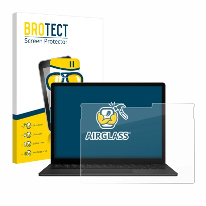 Parte frontal de un envase de producto con el logotipo de la marca BROTECT. Al lado se muestra el dispositivo Microsoft Surfac